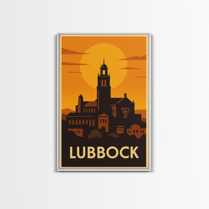 Lubbock Travel Poster, Framed Canvas Print, Warm Sunset Silhouette Art, Lubbock Wall Art, Vintage City Poster, Vintage City Art