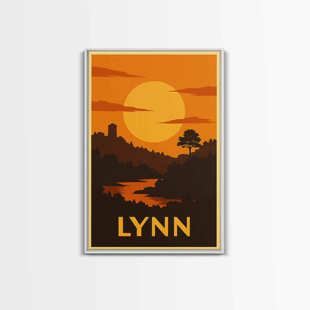 Lynn Travel Poster, Framed Canvas Print, Gold Art Deco Poster Art, Lynn City Art, Watercolor Skyline Art, City Travel Prints, Poster Print