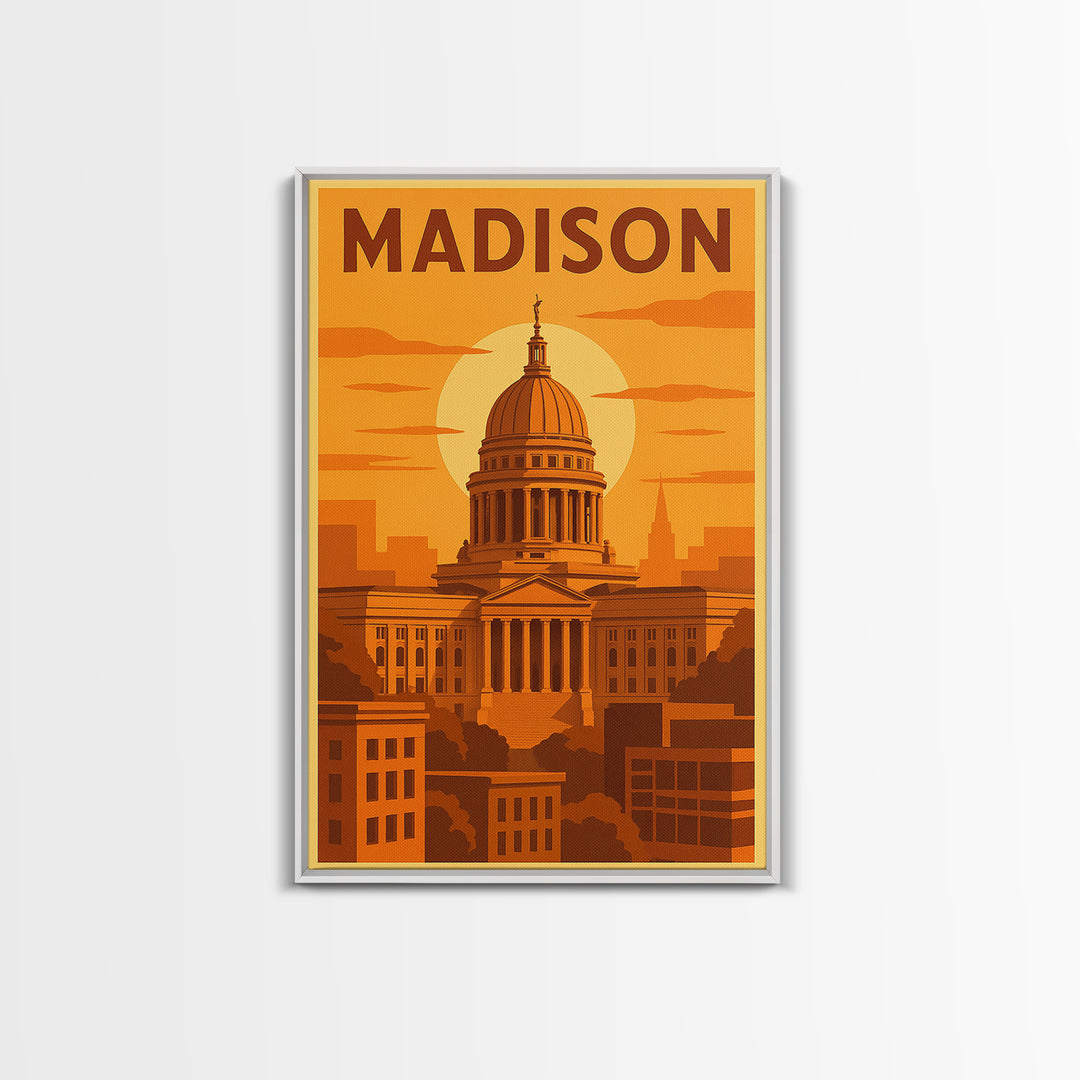 Madison Wisconsin Travel Poster, Framed Canvas Print, Gold Art Deco Poster Art, Madison Travel Art, Modern Wall Decor, City Illustration