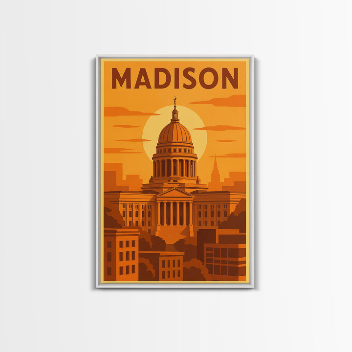 Madison Wisconsin Travel Poster, Framed Canvas Print, Gold Art Deco Poster Art, Madison Travel Art, Modern Wall Decor, City Illustration