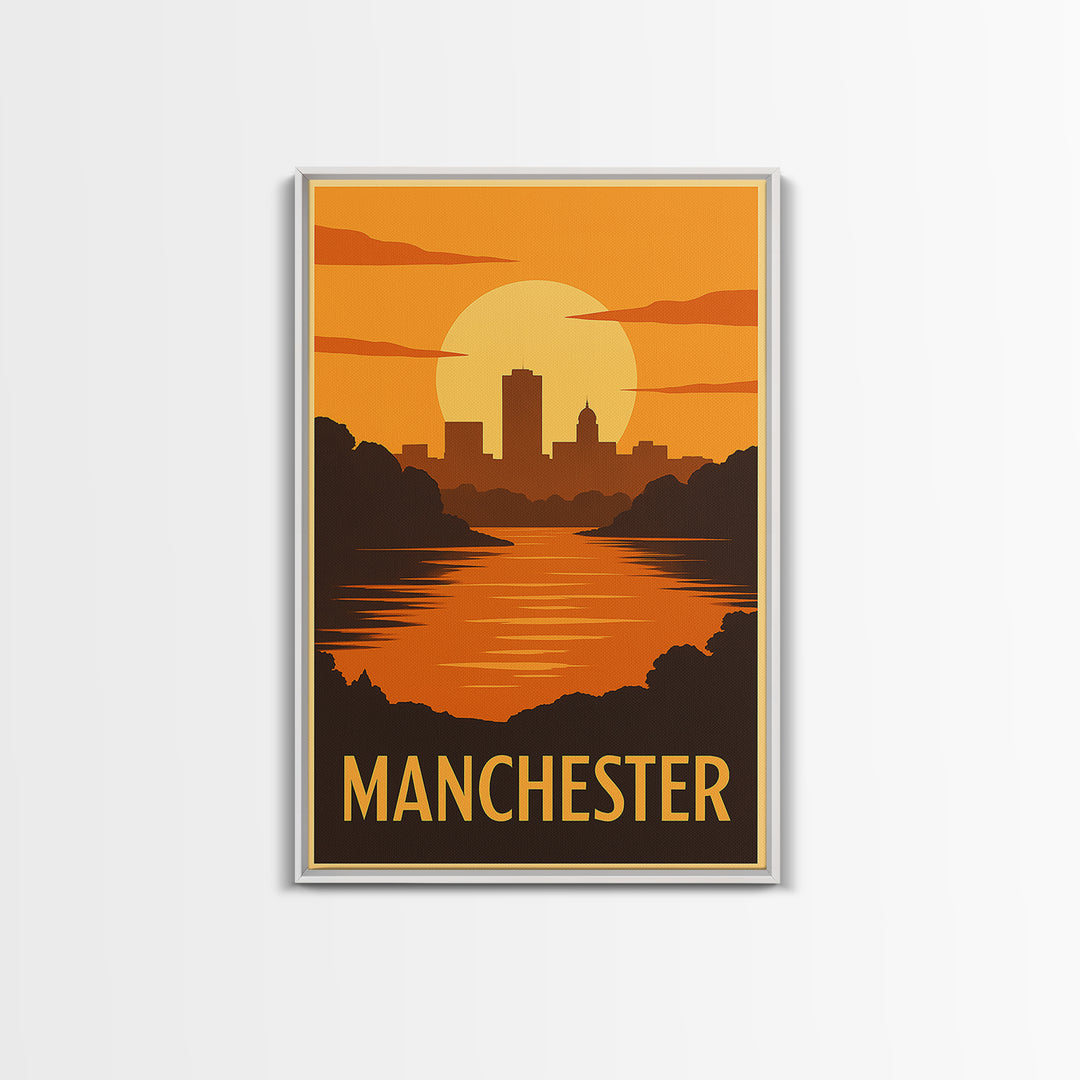 Manchester Travel Poster, Framed Canvas Print, Gold Art Deco Poster Art, Manchester City Art, Travel Poster Art, Watercolor Skyline
