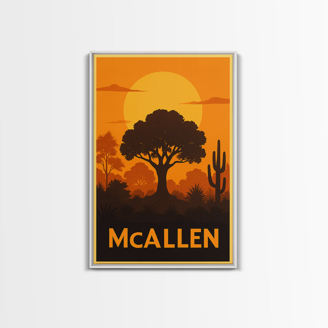 Mcallen Travel Poster, Canvas Print, Warm Sunset Silhouette Art, Mcallen Art Print, Travel Wall Decor, City Illustration, Gift For Travelers
