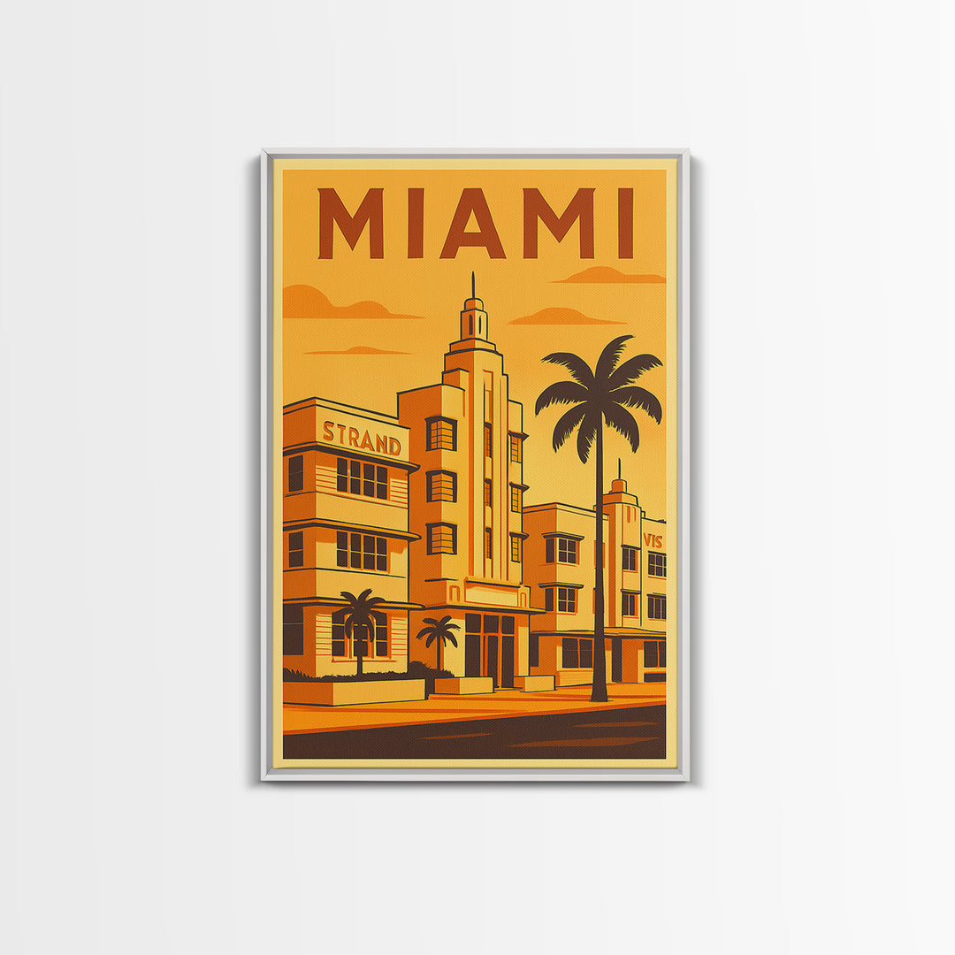 Miami Florida Travel Poster, Framed Canvas Print, Gold Art Deco Poster Art, Miami Travel Art, Home Office Decor, Living Room Wall Art