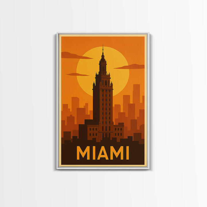 Miami Travel Poster, Framed Canvas Print, Warm Sunset Silhouette Art, Miami Poster Print, Fine Art Print, City Art Print, Vintage Travel Art