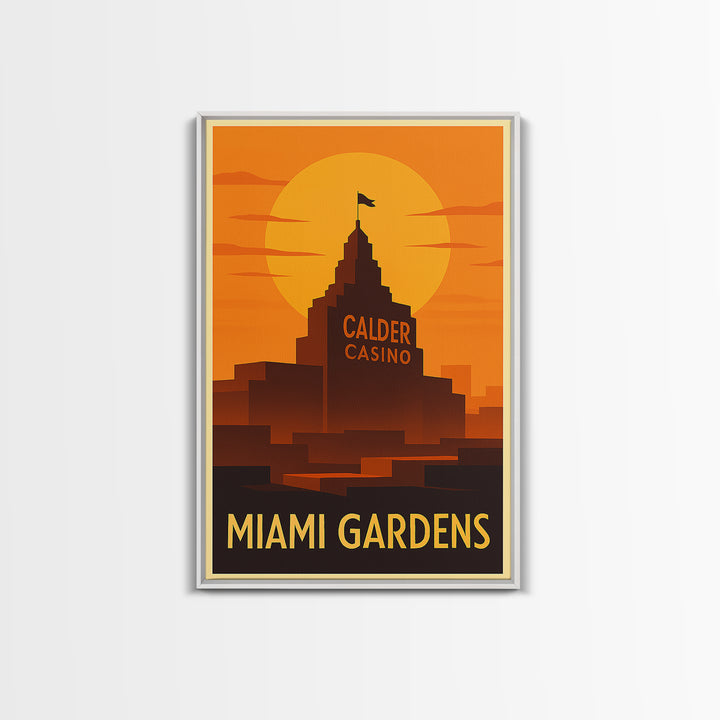 Miami Gardens Travel Poster, Framed Canvas Print, Warm Sunset Silhouette Art, Miami Gardens Wall Art, Vintage City Art, Retro Travel Print