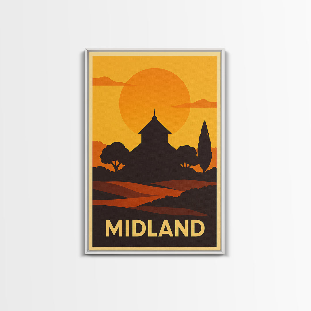 Midland Travel Poster, Framed Canvas Print, Warm Sunset Silhouette Art, Midland Wall Art, Travel Wall Decor, Travel Wall Art, Poster Art