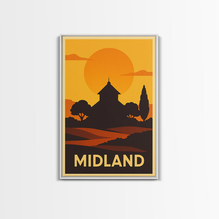 Midland Travel Poster, Framed Canvas Print, Warm Sunset Silhouette Art, Midland Wall Art, Travel Wall Decor, Travel Wall Art, Poster Art