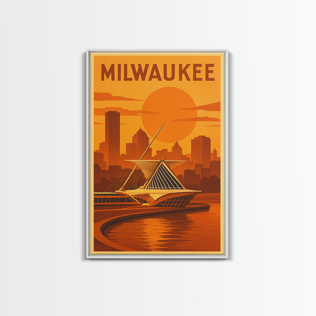 Milwaukee Wisconsin Travel Poster, Framed Canvas Print, Vintage Deco Wall Art, Milwaukee Poster Print, Travel Wall Art, Retro Travel Print