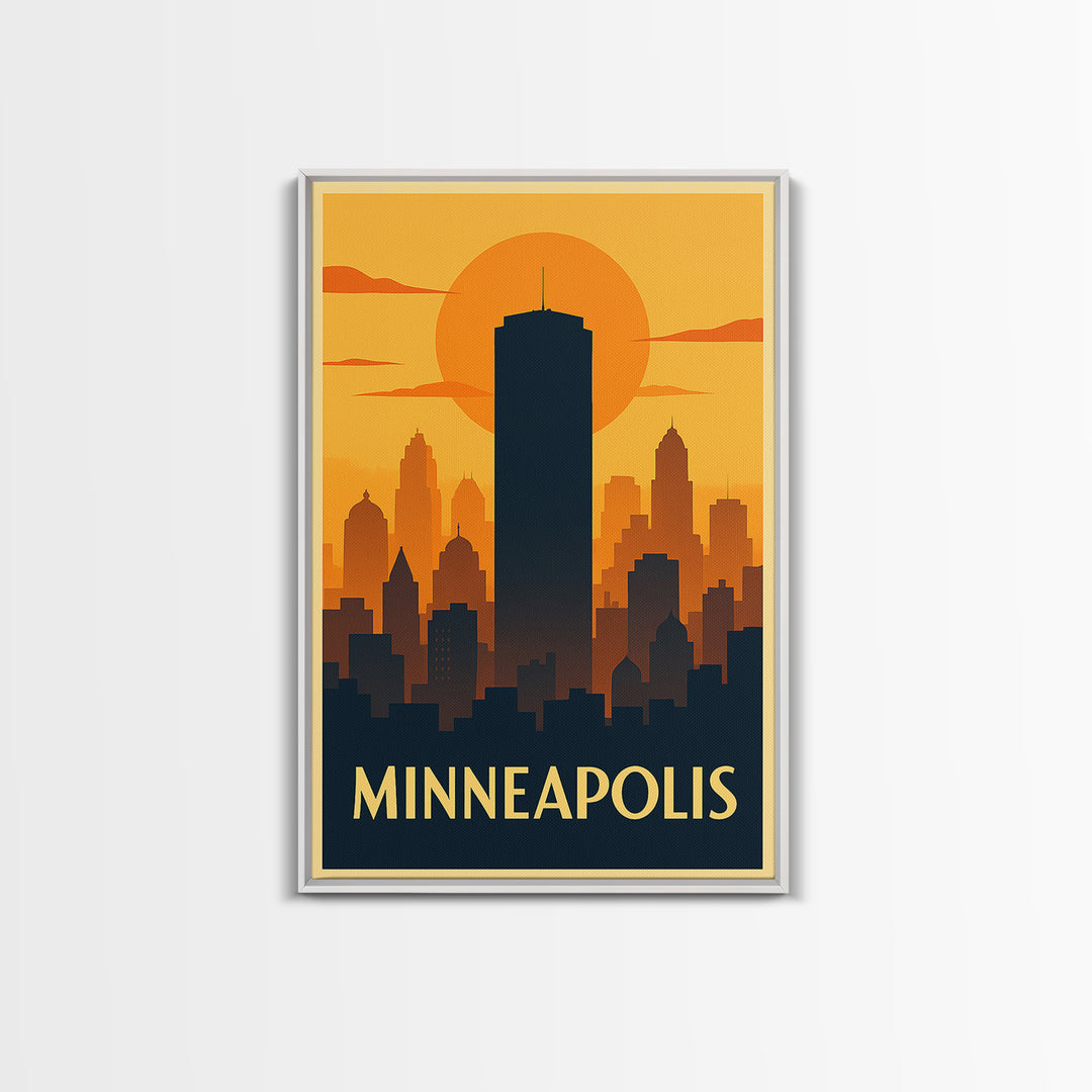 Minneapolis Travel Poster, Framed Canvas Print, Warm Sunset Silhouette Art, Minneapolis Art Print, Eclectic Wall Decor, City Travel Prints