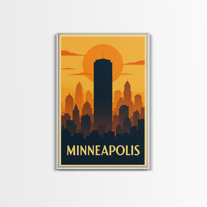 Minneapolis Travel Poster, Framed Canvas Print, Warm Sunset Silhouette Art, Minneapolis Art Print, Eclectic Wall Decor, City Travel Prints