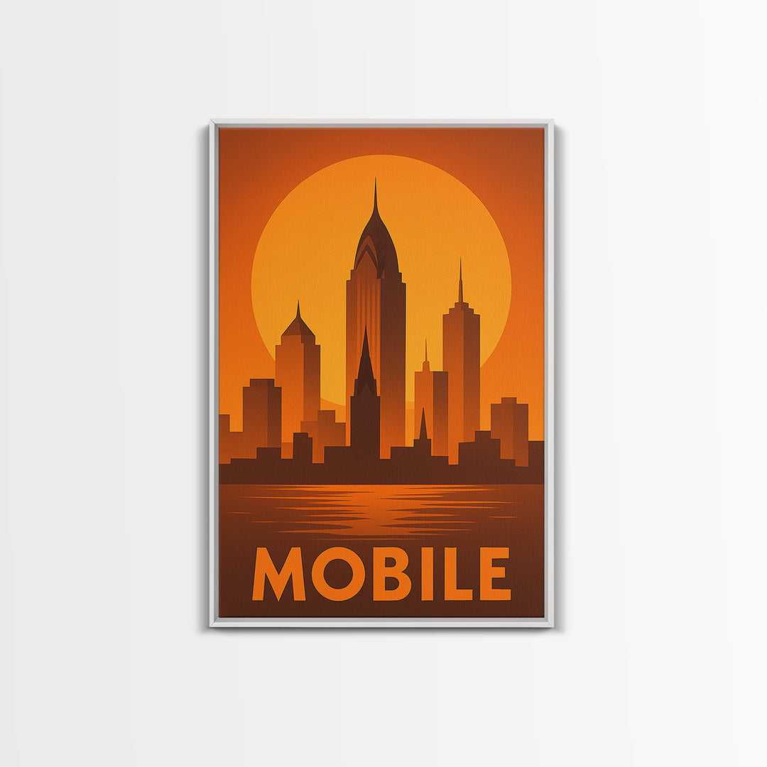 Mobile Travel Poster, Framed Canvas Print, Golden Travel Poster Art, Mobile Art Print, Travel Art Print, Mid Century Wall Art, Design 2