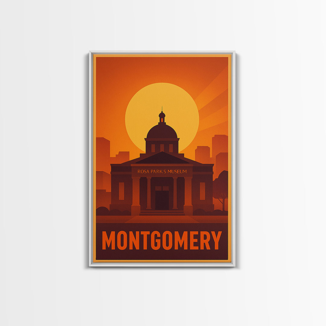 Montgomery Travel Poster, Canvas Print, Warm Sunset Silhouette Art, Montgomery Art Print, Vintage City Poster, Travel Wall Art