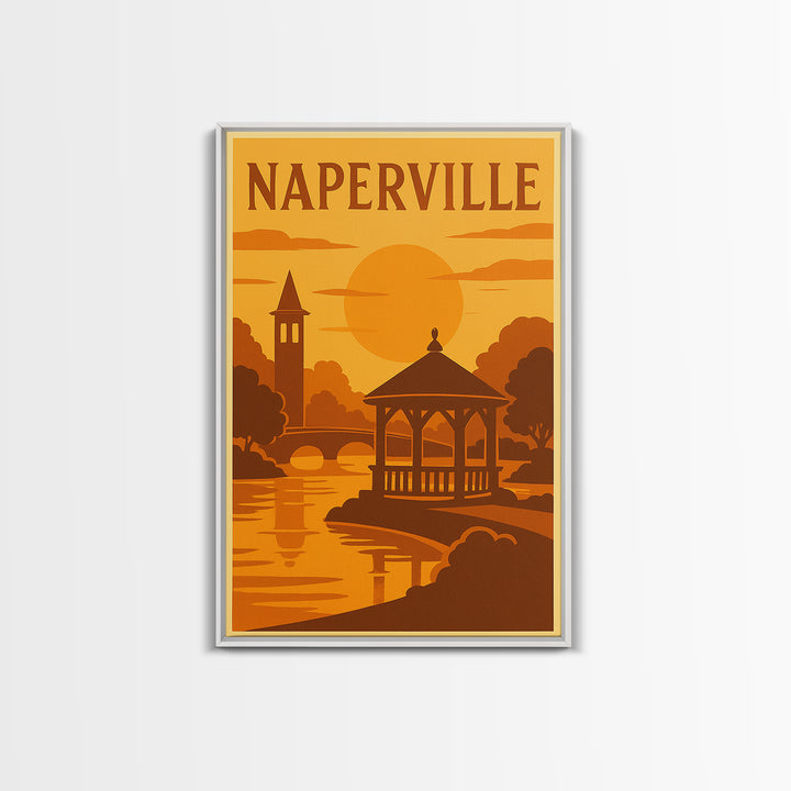 Naperville Illinois Travel Poster, Canvas Print, Golden Travel Poster Art, Naperville City Art, Gift For Travelers, Vintage Travel Art