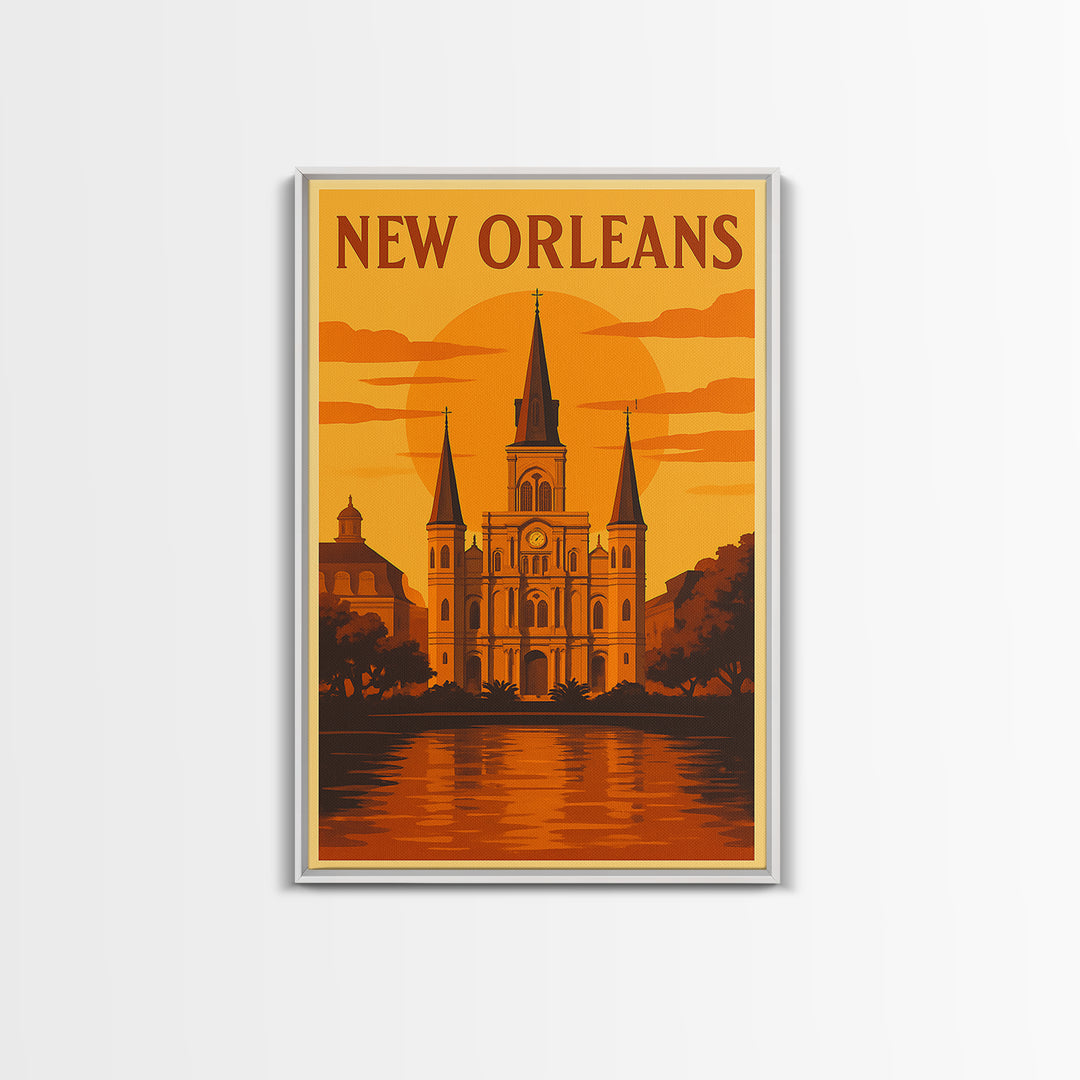 New Orleans Travel Poster, Framed Canvas Print, Golden Travel Poster Art, New Orleans Art Print, Travel Wall Art, City Art Print