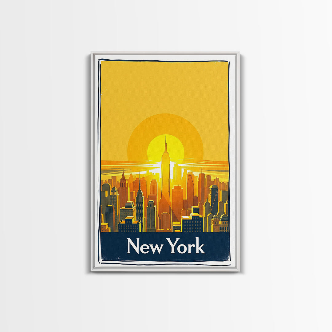 New York Travel Poster, Framed Canvas Print, Golden Travel Poster Art, New York Art Print, City Travel Prints, Watercolor Skyline