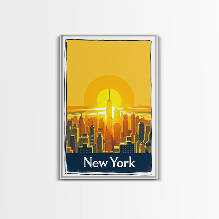 New York Travel Poster, Framed Canvas Print, Golden Travel Poster Art, New York Art Print, City Travel Prints, Watercolor Skyline