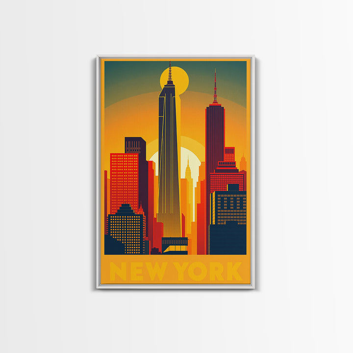 New York Travel Poster, Framed Canvas Print, Golden Travel Poster Art, New York Art Print, Vintage City Art, City Illustration