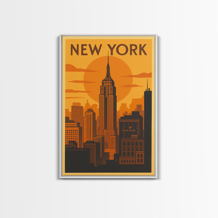 New York Travel Poster, Canvas Print, Warm Sunset Silhouette Art, New York Travel Art, Mid Century Wall Art, Modern Wall Decor