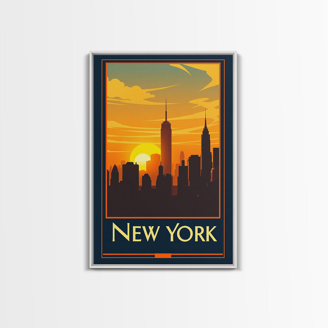 New York Travel Poster, Canvas Print, Warm Sunset Silhouette Art, New York Travel Art, Vintage Travel Art, Mid Century Wall Art