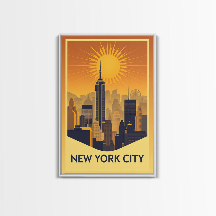 New York Travel Poster, Framed Canvas Print, Warm Sunset Silhouette Art, New York City Art, Travel Poster Set, Mid Century Wall Art