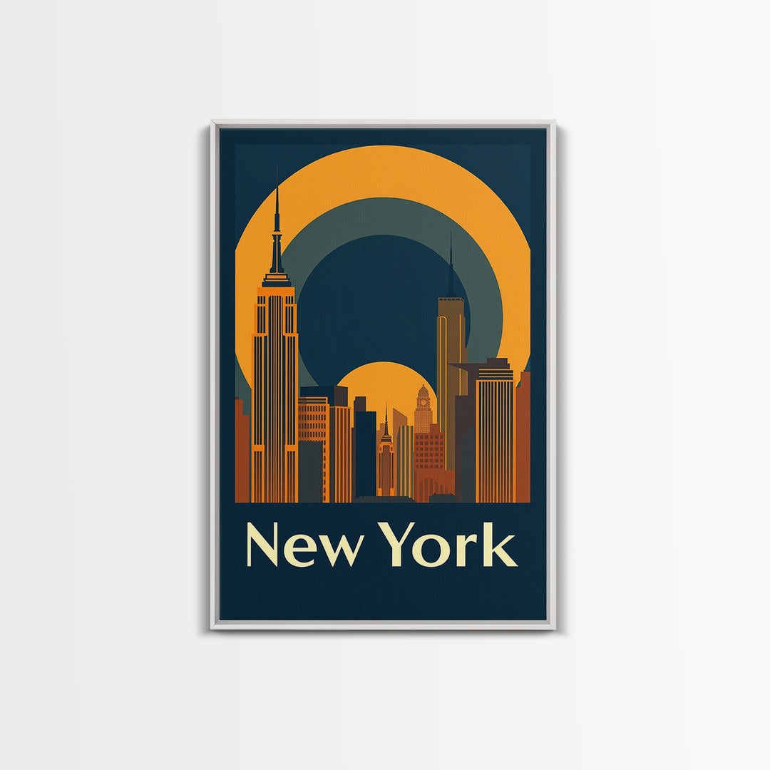 New York Travel Poster, Framed Canvas Print, Warm Sunset Silhouette Art, New York Poster Print, Vintage City Poster, City Travel Prints