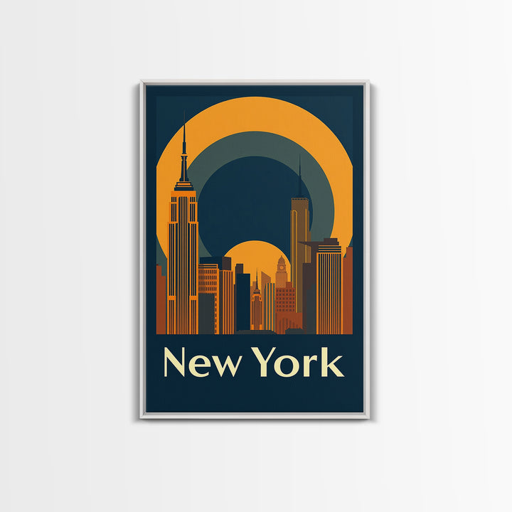 New York Travel Poster, Framed Canvas Print, Warm Sunset Silhouette Art, New York Poster Print, Vintage City Poster, City Travel Prints