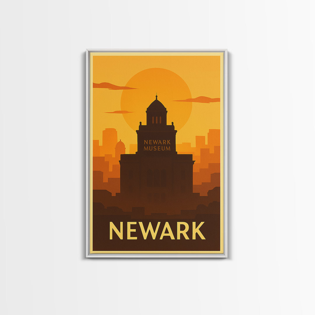 Newark Travel Poster, Framed Canvas Print, Warm Sunset Silhouette Art, Newark City Art, Home Office Decor, Gift For Travelers, Design 2