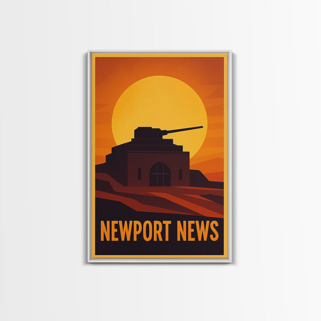 Newport News Travel Poster, Framed Canvas Print, Warm Sunset Silhouette Art, Newport News City Art, Travel Wall Decor, City Illustration