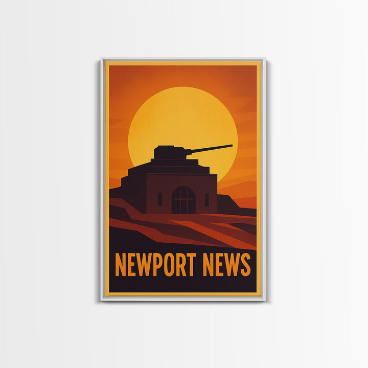 Newport News Travel Poster, Framed Canvas Print, Warm Sunset Silhouette Art, Newport News City Art, Travel Wall Decor, City Illustration