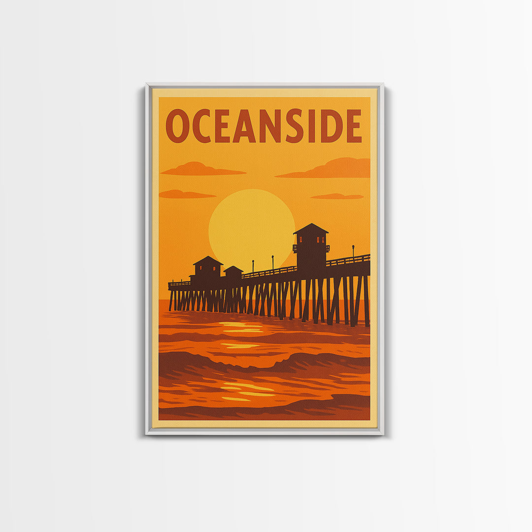 Oceanside California Travel Poster, Canvas Print, Warm Sunset Silhouette Art, Oceanside Poster Print, City Art Print, City Travel Prints