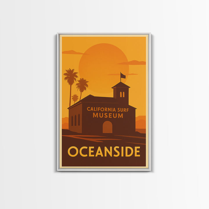 Oceanside Travel Poster, Framed Canvas Print, Warm Sunset Silhouette Art, Oceanside Travel Art, Vintage City Poster, Travel Poster Art