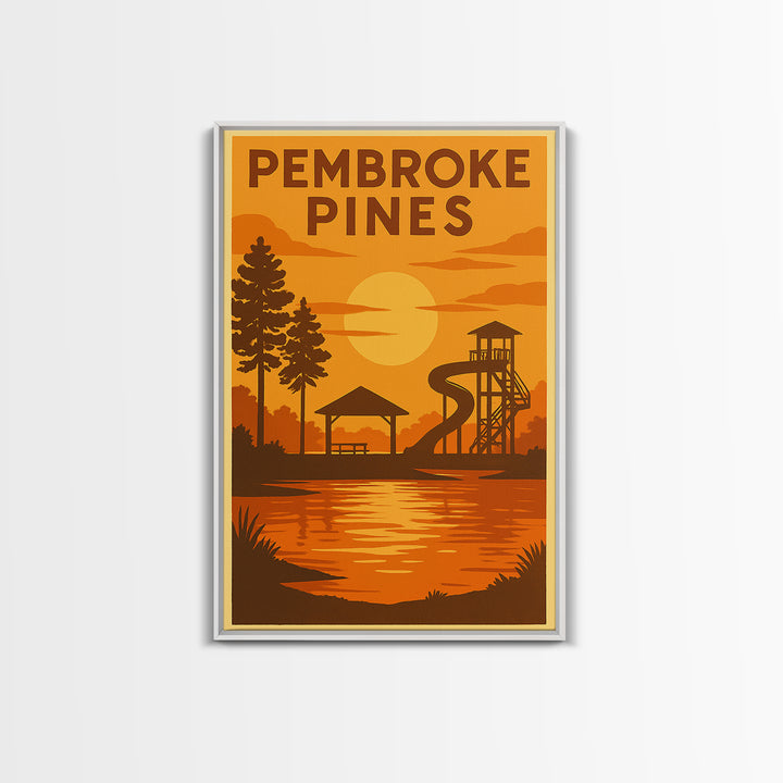 Pembroke Pines Florida Travel Poster, Canvas Print, Warm Sunset Silhouette Art, Pembroke Pines Wall Art, Retro Travel Print, City Poster