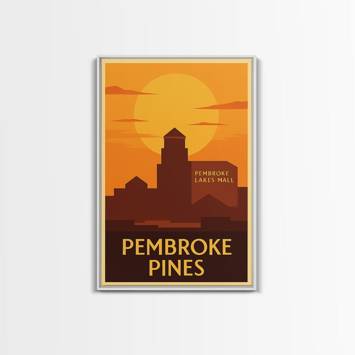 Pembroke Pines Travel Poster, Framed Canvas Print, Warm Sunset Silhouette Art, Pembroke Pines City Art, City Art Print, City Illustration