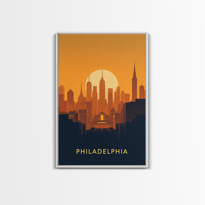 Philadelphia Travel Poster, Framed Canvas Print, Warm Sunset Silhouette Art, Philadelphia Travel Art, Modern Wall Decor, Travel Wall Art