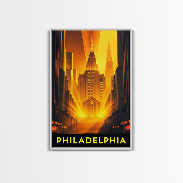 Philadelphia Travel Poster, Framed Canvas Print, Gold Art Deco Poster Art, Philadelphia City Art, Travel Art Print, Vintage City Poster