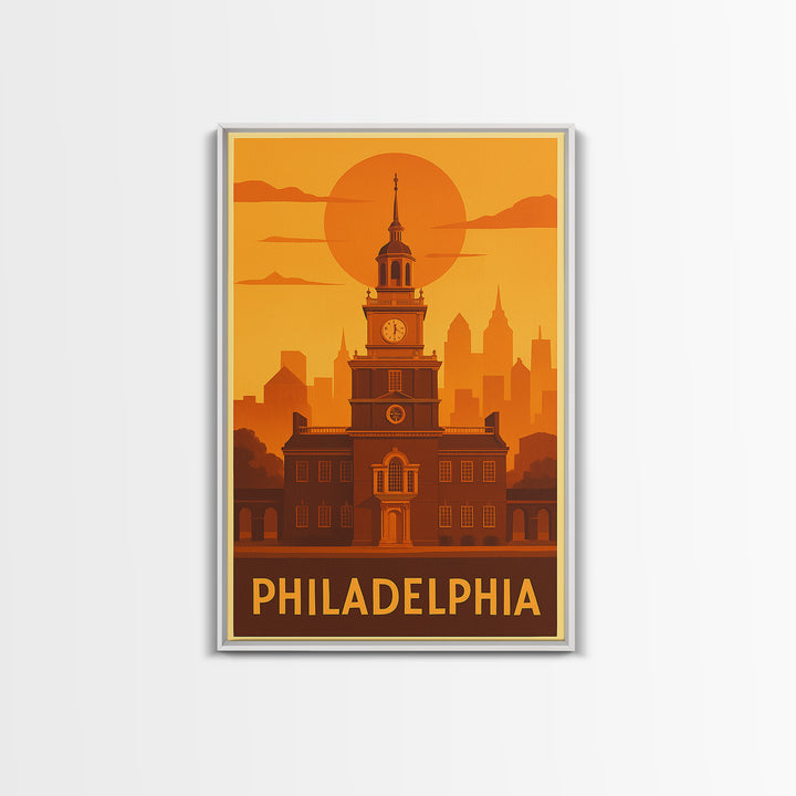 Philadelphia Travel Poster, Canvas Print, Warm Sunset Silhouette Art, Philadelphia Travel Art, Travel Art Print, Living Room Wall Art