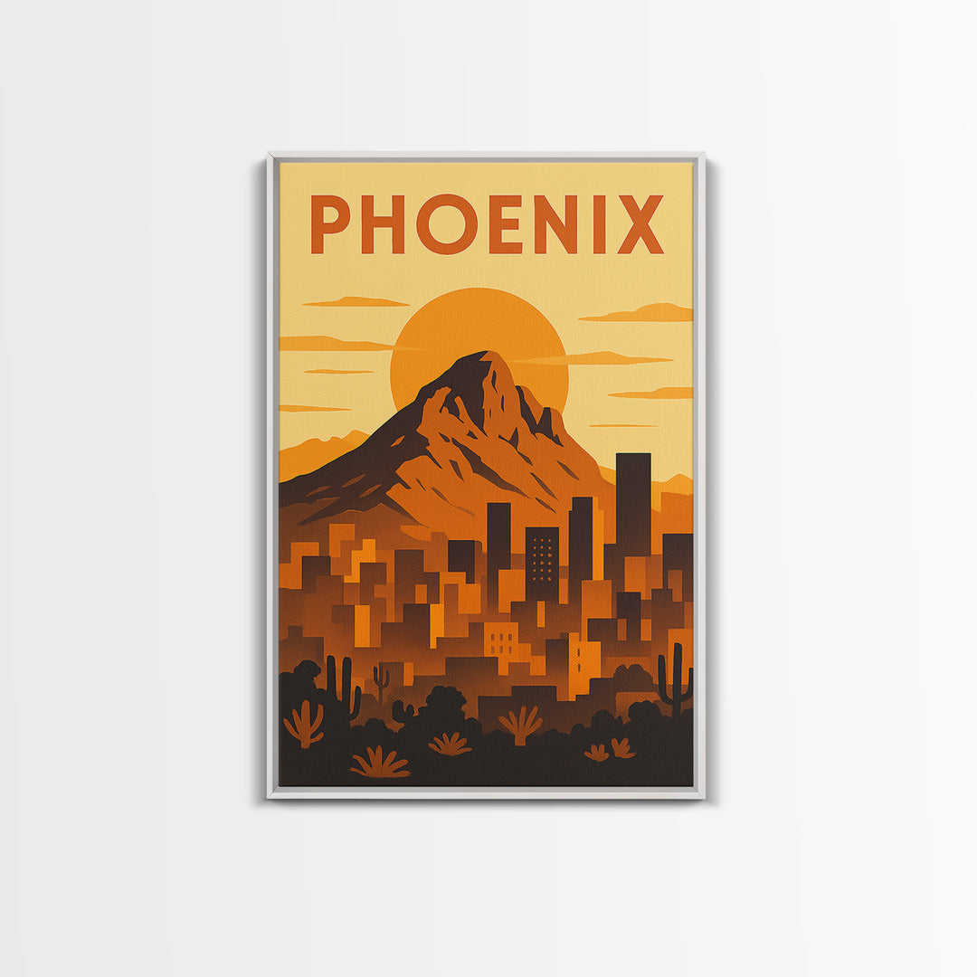 Phoenix Arizona Travel Poster, Framed Canvas Print, Gold Art Deco Poster Art, Phoenix Poster Print, City Travel Prints, Watercolor Skyline