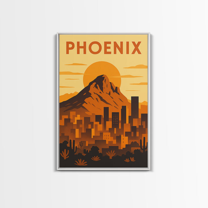 Phoenix Arizona Travel Poster, Framed Canvas Print, Gold Art Deco Poster Art, Phoenix Poster Print, City Travel Prints, Watercolor Skyline
