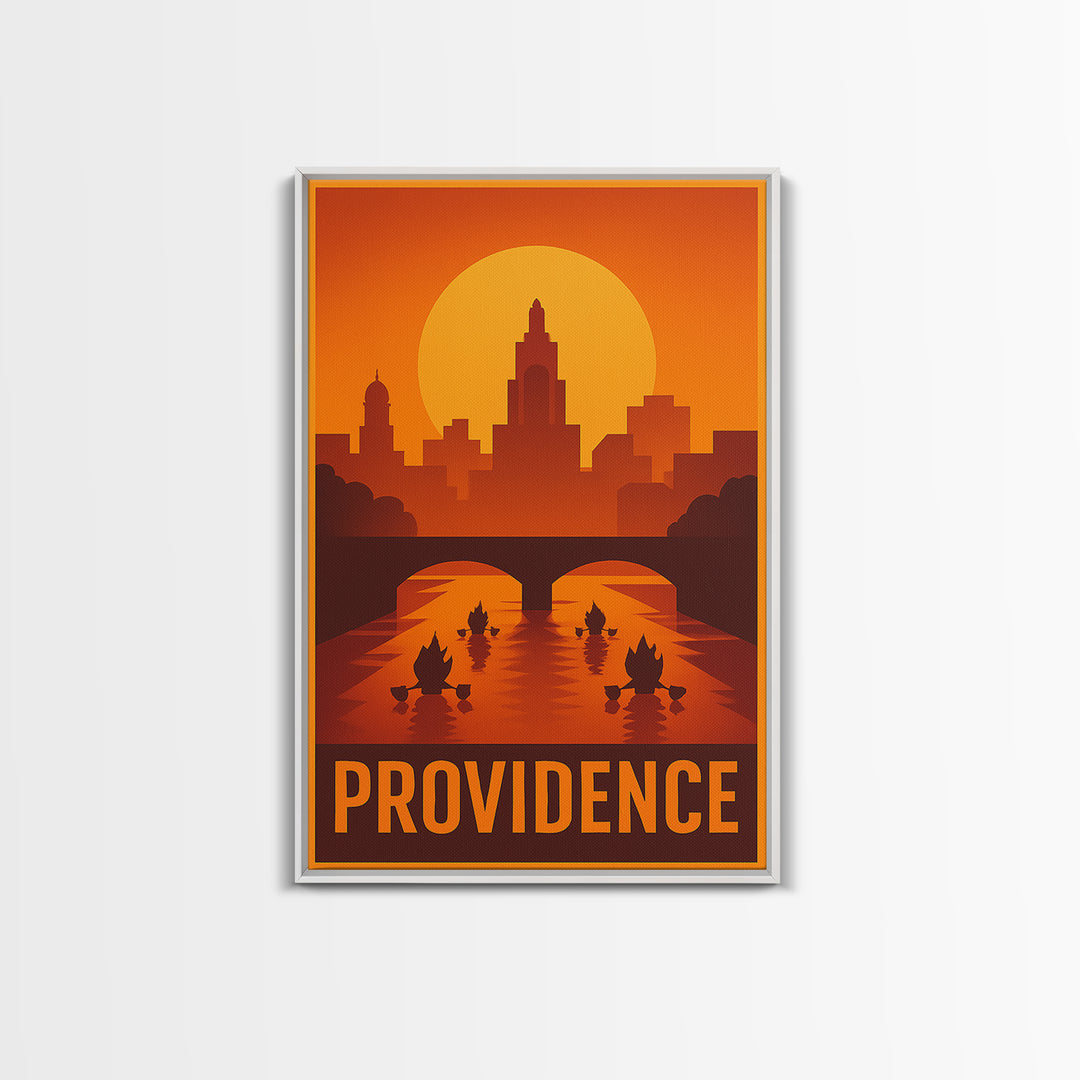 Providence Travel Poster, Framed Canvas Print, Warm Sunset Silhouette Art, Providence City Art, City Art Print, Mid Century Wall Art