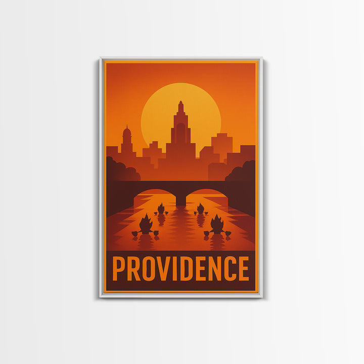 Providence Travel Poster, Framed Canvas Print, Warm Sunset Silhouette Art, Providence City Art, City Art Print, Mid Century Wall Art