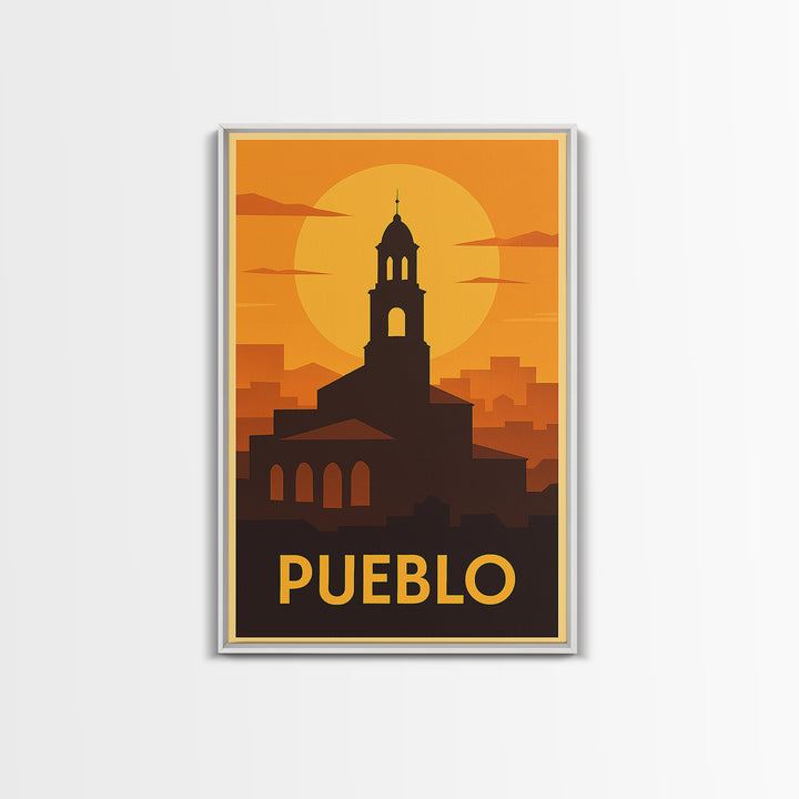 Pueblo Travel Poster, Framed Canvas Print, Gold Art Deco Poster Art, Pueblo City Art, Travel Wall Decor, Home Office Decor, Travel Print
