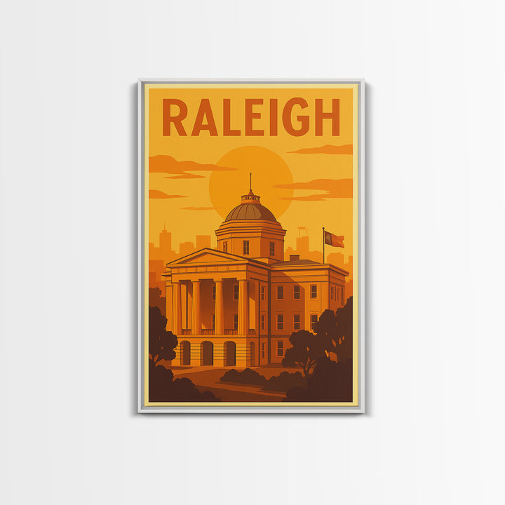 Raleigh North Carolina Travel Poster, Canvas Print, Warm Sunset Silhouette Art, Raleigh City Art, Gift For Travelers, Vintage Travel Art