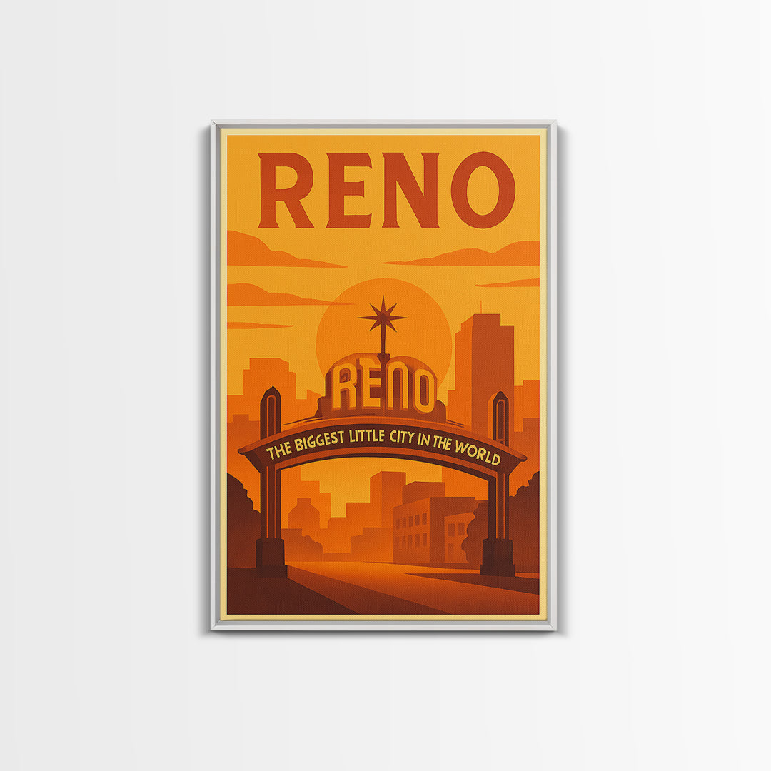 Reno Nevada Travel Poster, Canvas Print, Warm Sunset Silhouette Art, Reno Wall Art, City Art Print, Mid Century Wall Art, City Illustration