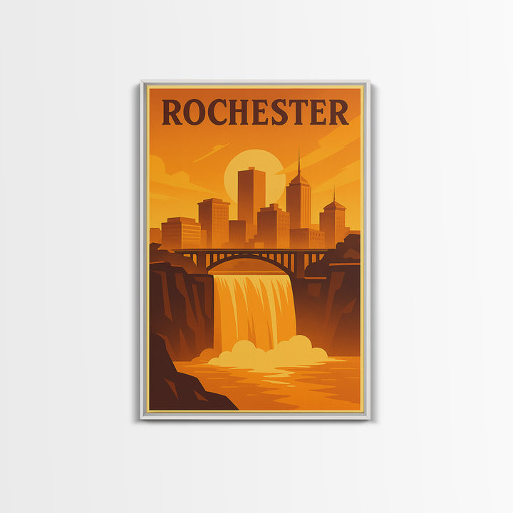 Rochester New York Travel Poster, Canvas Print, Warm Sunset Silhouette Art, Rochester Wall Art, Poster Art, City Illustration, Retro Poster