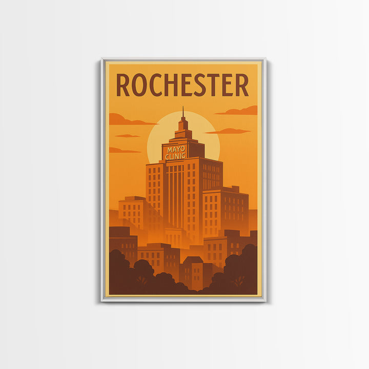 Rochester Travel Poster, Framed Canvas Print, Warm Sunset Silhouette Art, Rochester Art Print, Home Office Decor, Mid Century Wall Art