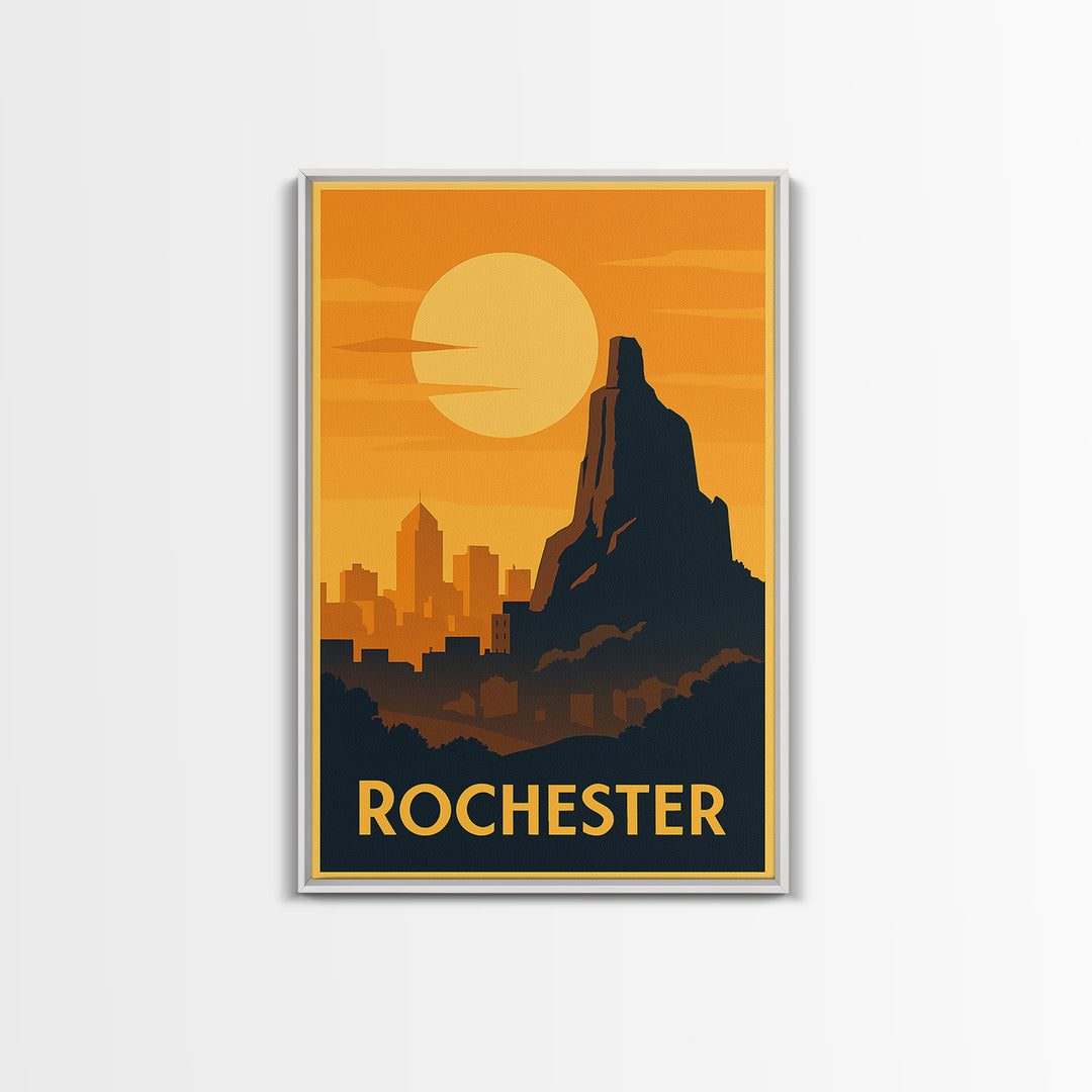 Rochester Travel Poster, Framed Canvas Print, Warm Sunset Silhouette Art, Rochester Travel Art, Living Room Wall Art, Vintage City Poster