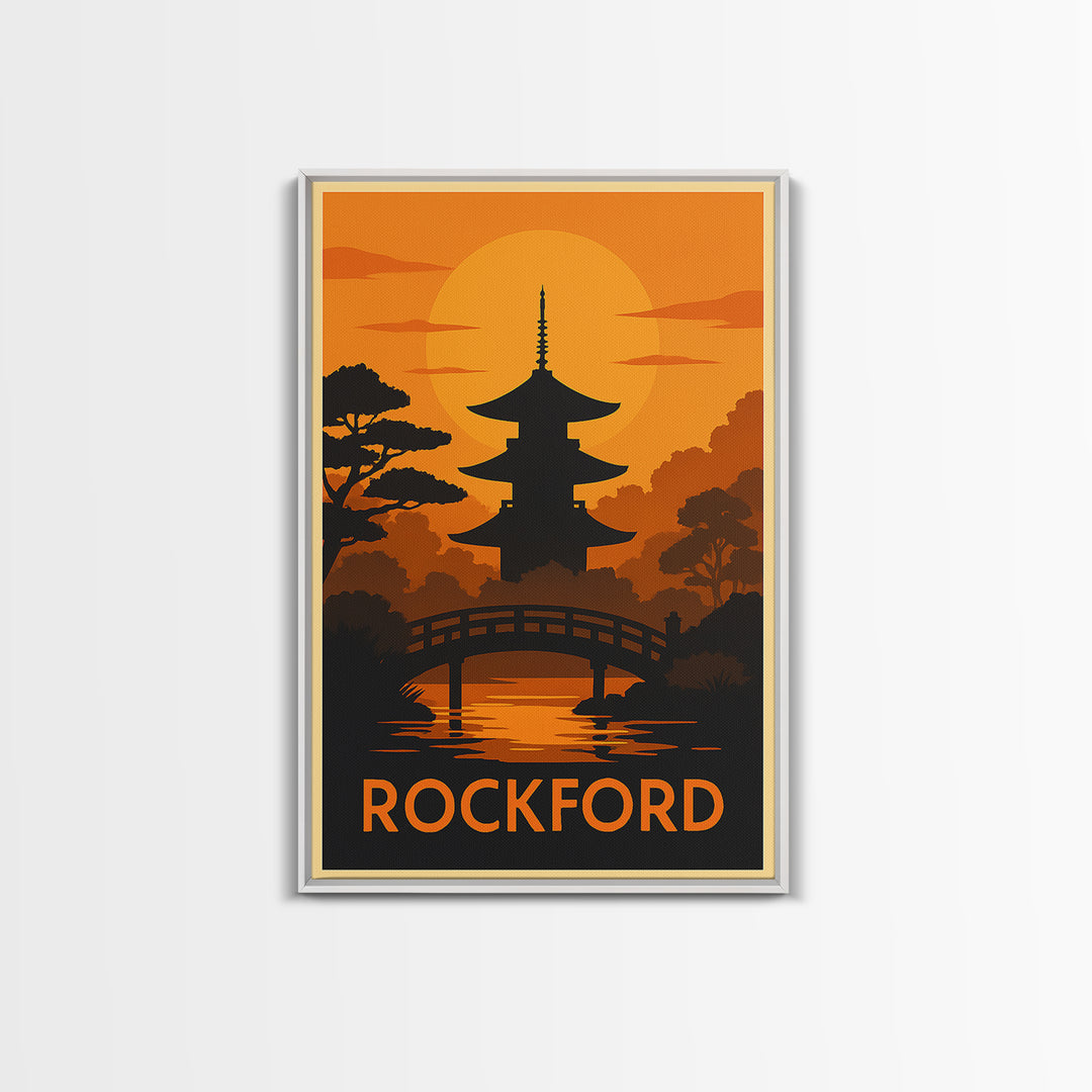Rockford Travel Poster, Framed Canvas Print, Golden Travel Poster Art, Rockford City Art, Mid Century Wall Art, Travel Poster Set