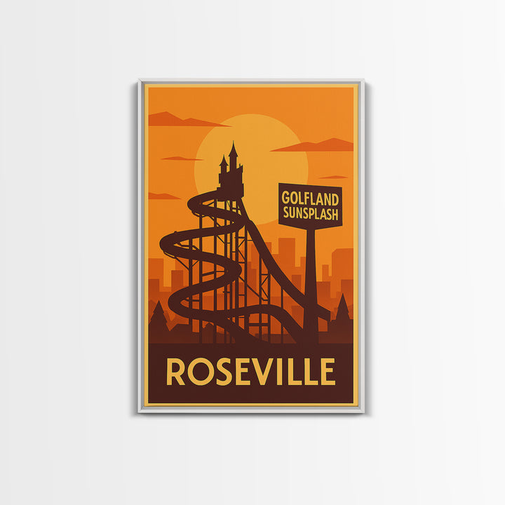 Roseville Travel Poster, Framed Canvas Print, Gold Art Deco Poster Art, Roseville Poster Print, Retro Travel Print, Vintage City Art