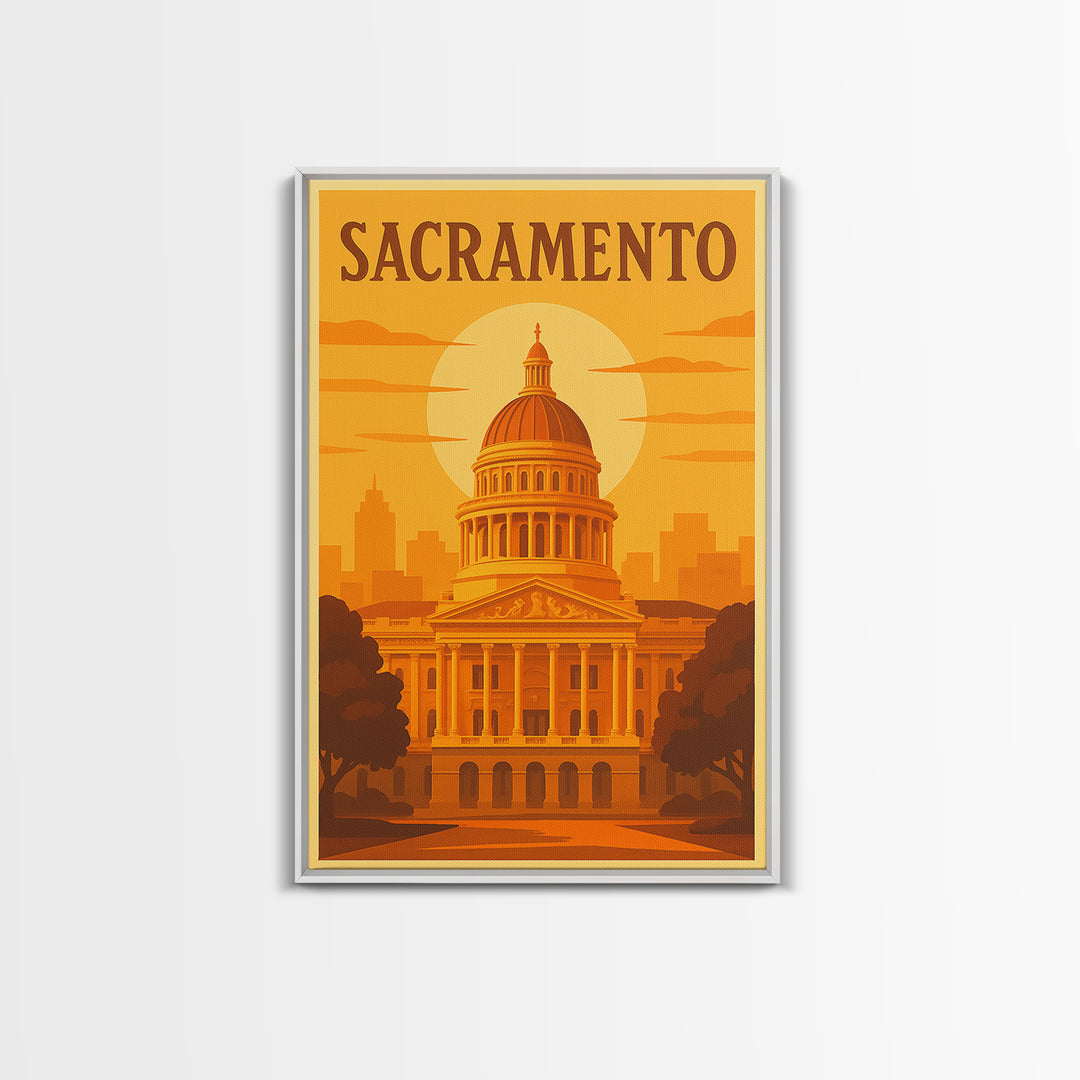Sacramento California Travel Poster, Canvas Print, Golden Travel Poster Art, Sacramento Travel Art, Wall Art, Watercolor Downtown Skyline
