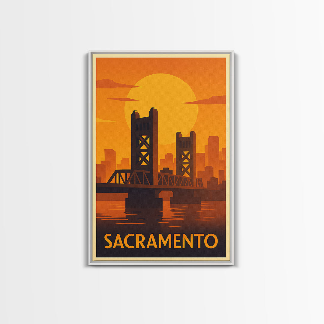 Sacramento Travel Poster, Framed Canvas Print, Warm Sunset Silhouette Art, Sacramento Art Print, City Travel Prints, Fine Art Print